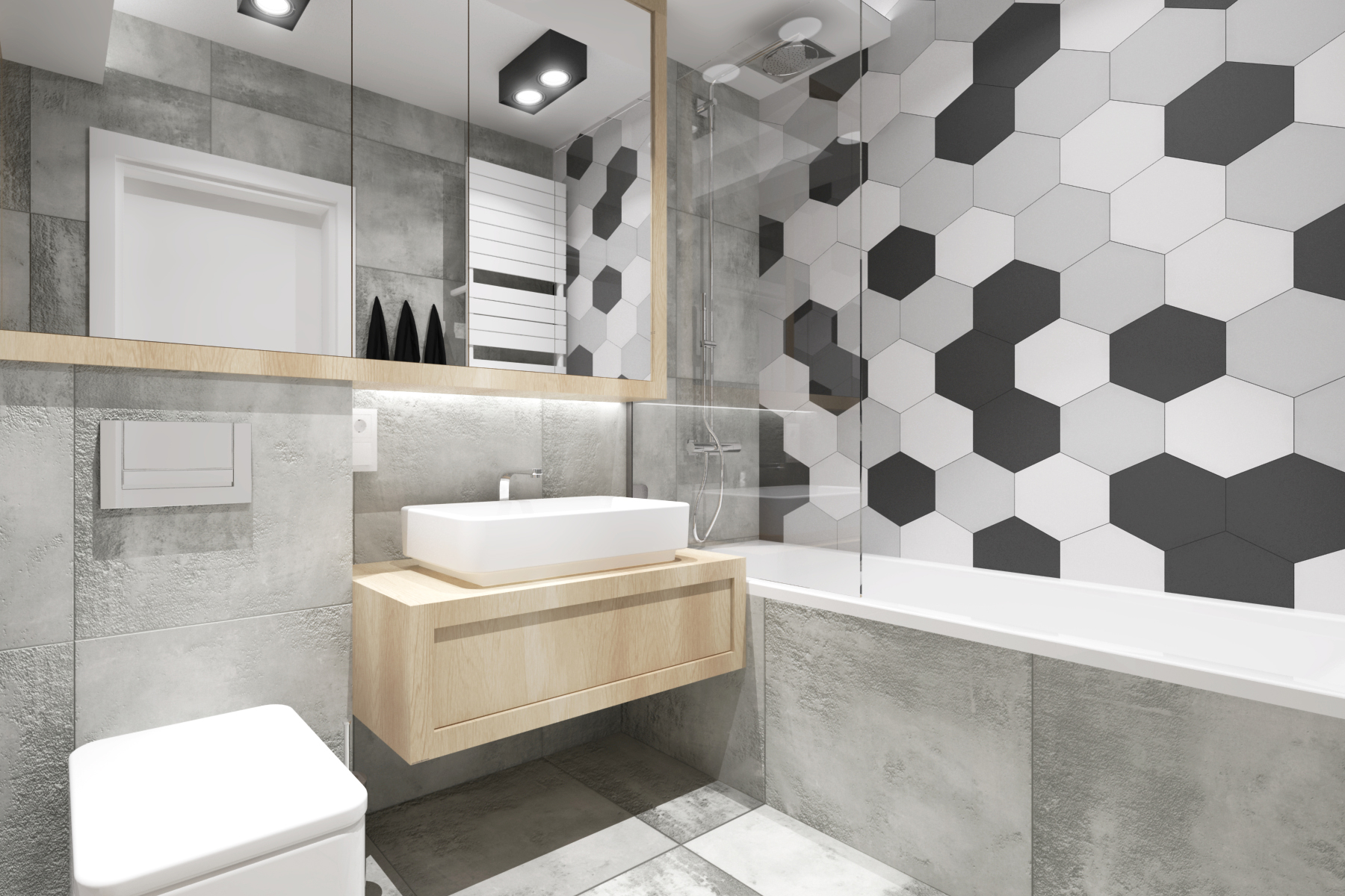 Projekty wnętrz - nowoczesna łazienka z heksagonami.